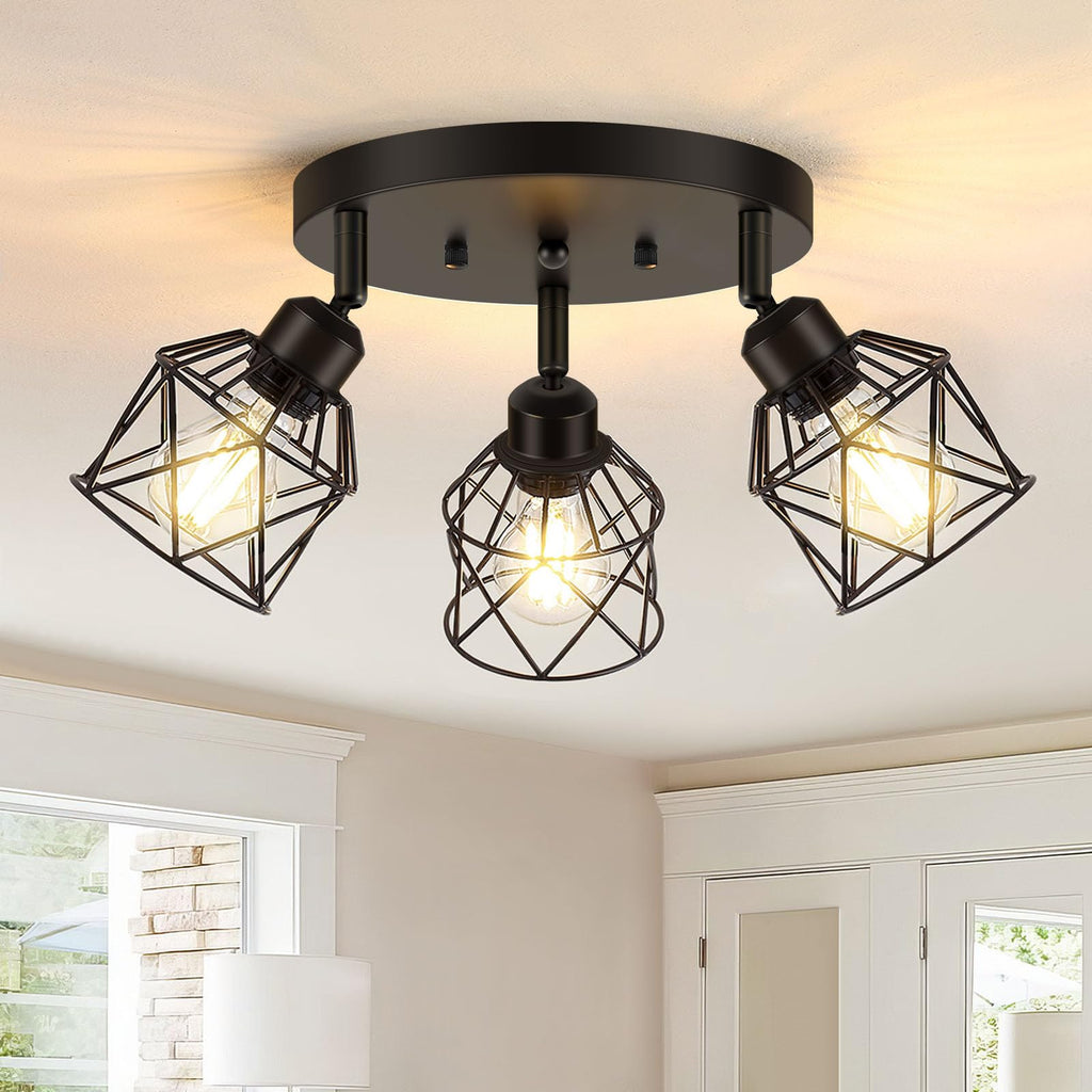 3-Light Kitchen Flush Mount Ceiling Light, Adjustable Multi-Directional Ceiling Light Fixture, Farmhouse Black Metal