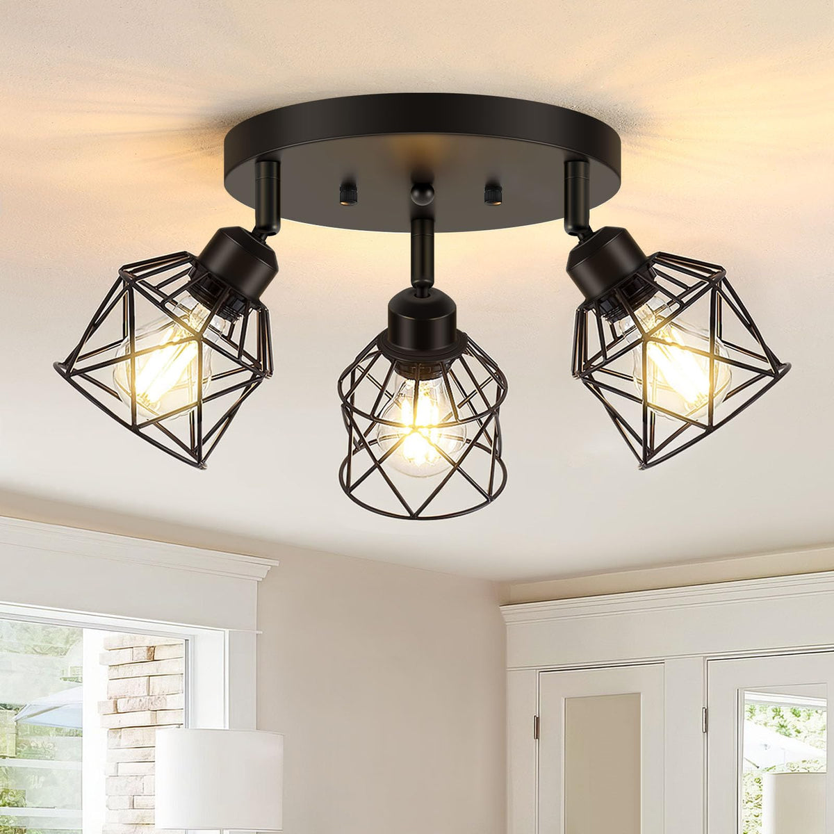 3-Light Kitchen Flush Mount Ceiling Light, Adjustable Multi-Directional Ceiling Light Fixture, Farmhouse Black Metal