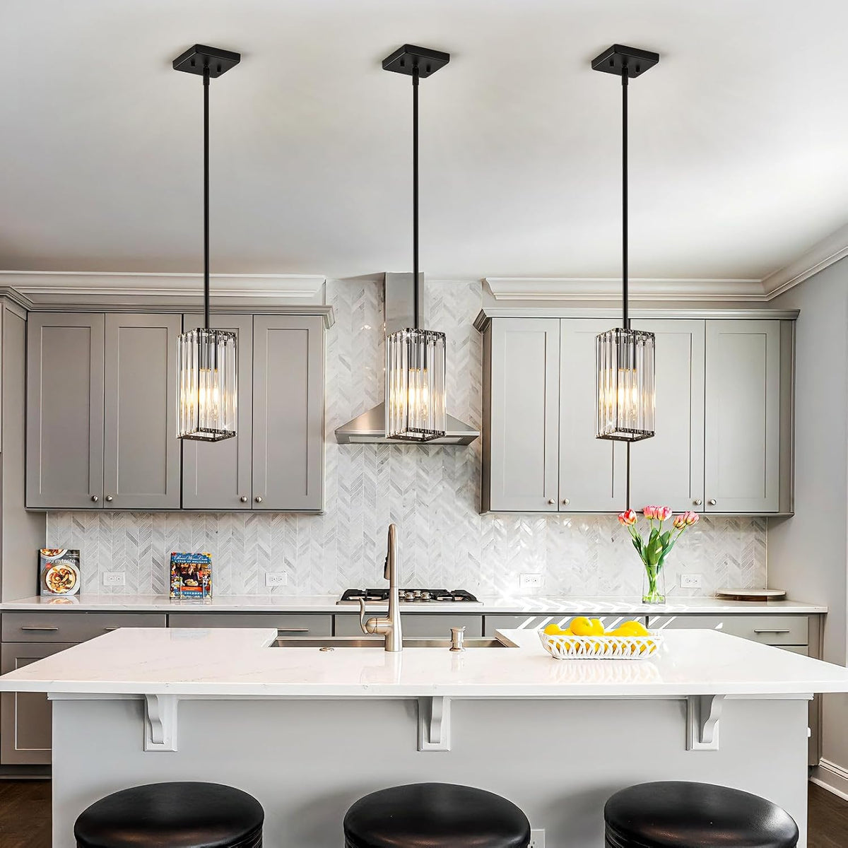 Modern Crystal Pendant Lights Kitchen Island, 3-Pack Black Hanging Light with Clear Crystal Shade, Adjustable Height