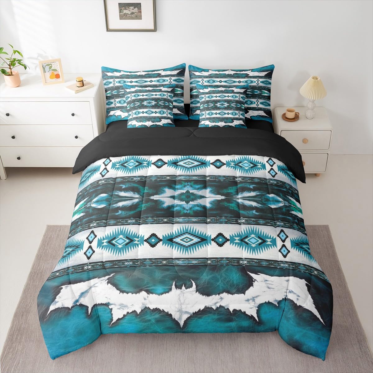 Western Aztec Twin Comforter Set with Sheets Cowhide Cow Print Vintage Animal Retro Fur 7 Pieces Bedding Set Boho