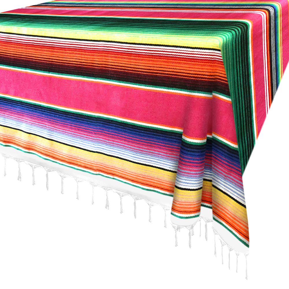 Mexican Serape Blanket, 84 X 59 Inch, Cotton, Rectangular, Rose Pink, Tablecloth, All-Season, Tassel