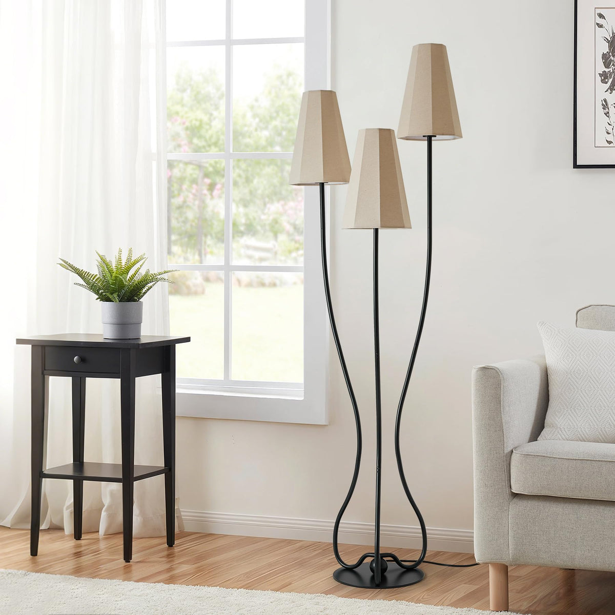 Artistic Vintage Floor Lamp, 3-Light Standing Lamps with Sculptural Curved Iron Base & Octagonal Linen Shades