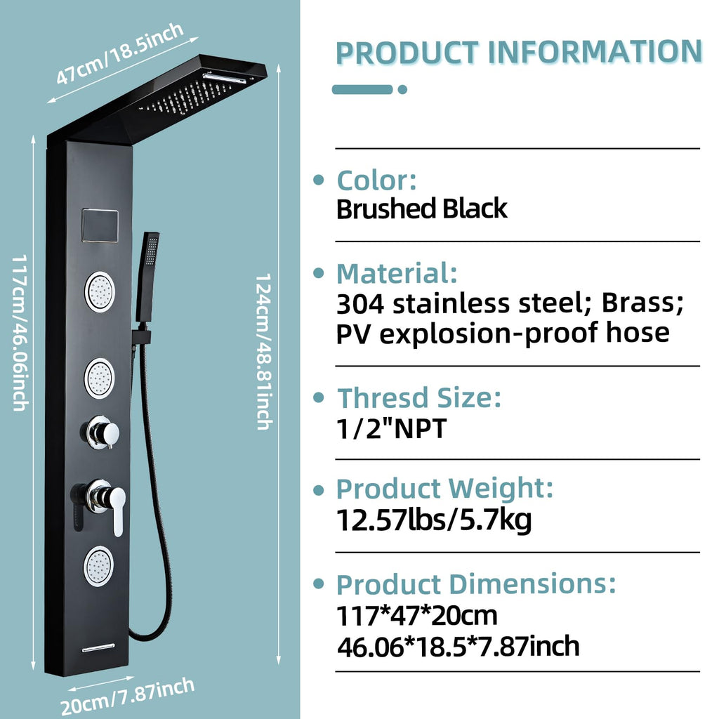 Shower Panel Tower System,Rain Shower Head Rainfall black-LED