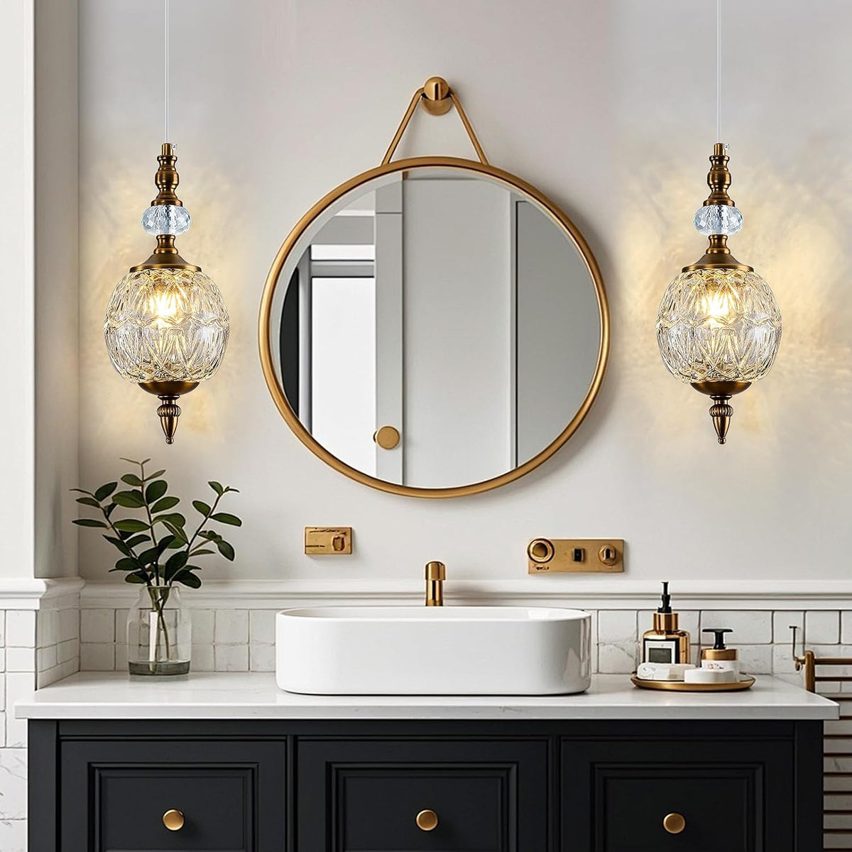 Vintage Glass Pendant Light Antique Brushed Gold Chandelier 4.72" Mini Adjustable Hanging Ceiling Light Fixture for Kitchen Island Farmhouse Dining Room Bedroom Foyer Entryway