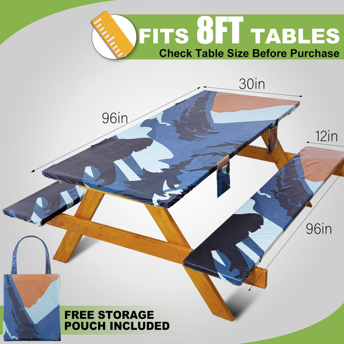 Fitted Picnic Table Cover with Bench Covers Waterproof Elastic Edges Rectangle Patio Tablecloth Outdoor Camping
