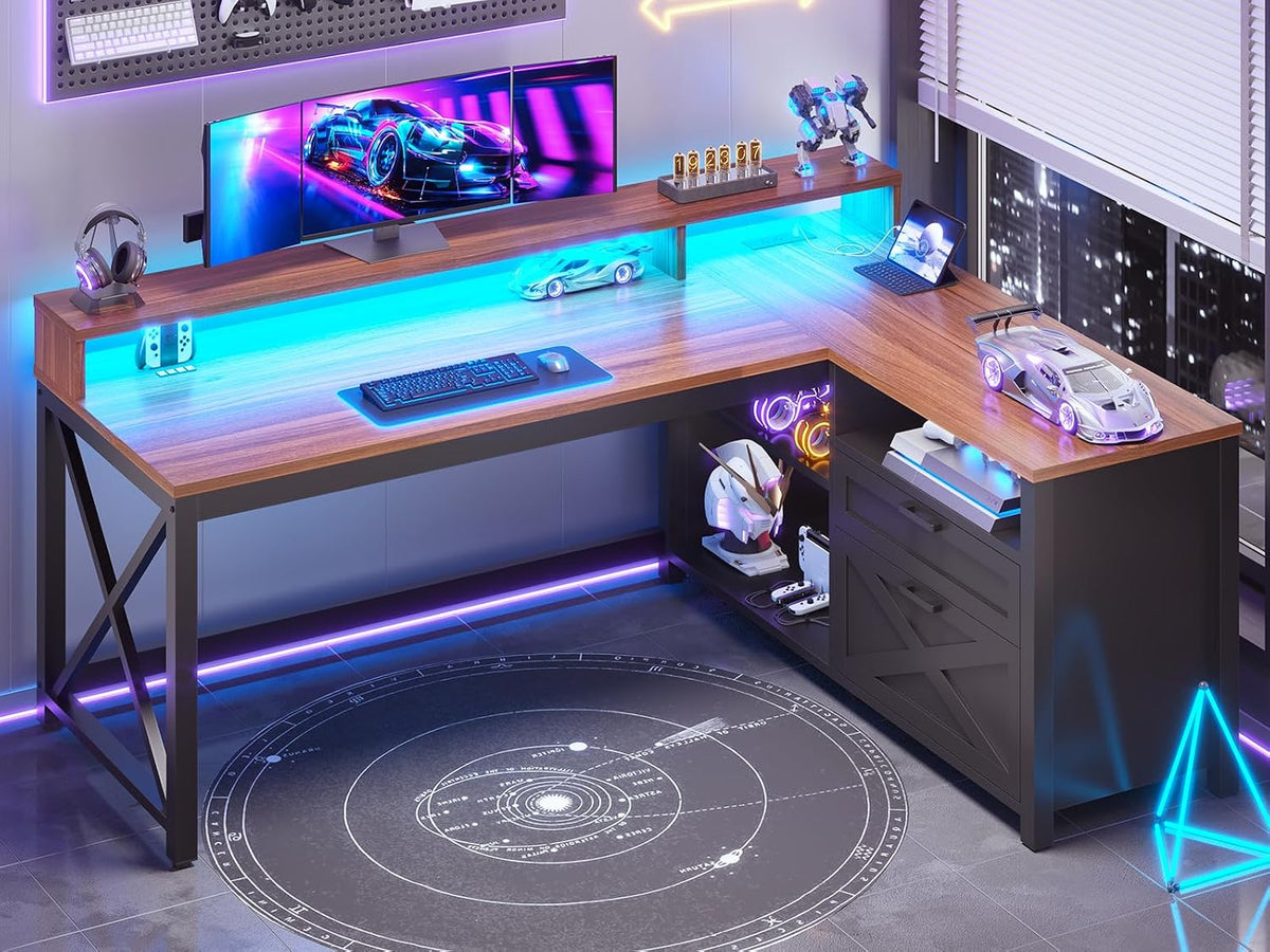 L Shaped Gaming Desk with Drawers, 55" Farmhouse Computer Desk with File Drawer and Storage Shelves, Corner Gaming
