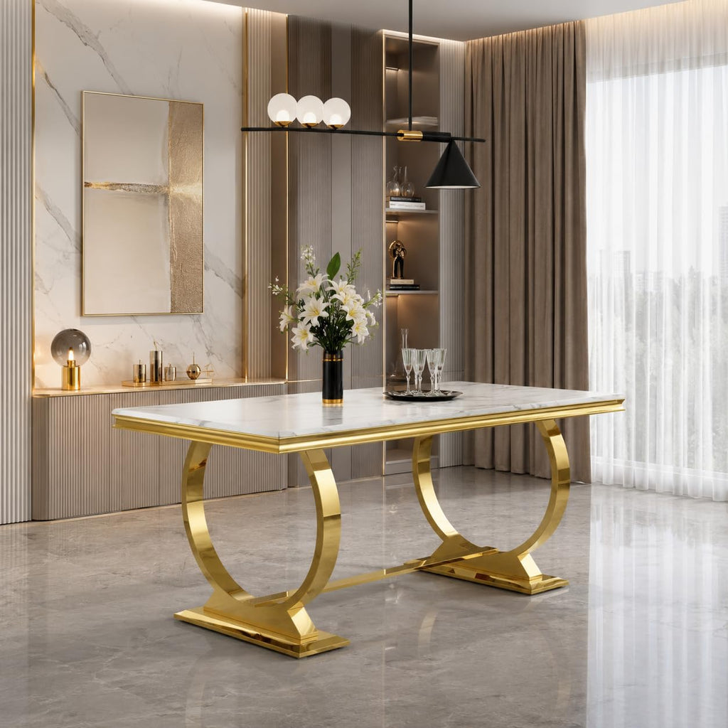White and Gold Dining Table, Luxury 70" Faux Marble Dining Room Table with High Gloss White Top and Gold Metal U-Base