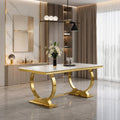 White and Gold Dining Table, Luxury 70" Faux Marble Dining Room Table with High Gloss White Top and Gold Metal U-Base