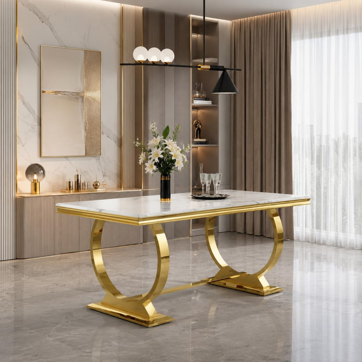 White and Gold Dining Table, Luxury 70" Faux Marble Dining Room Table with High Gloss White Top and Gold Metal U-Base