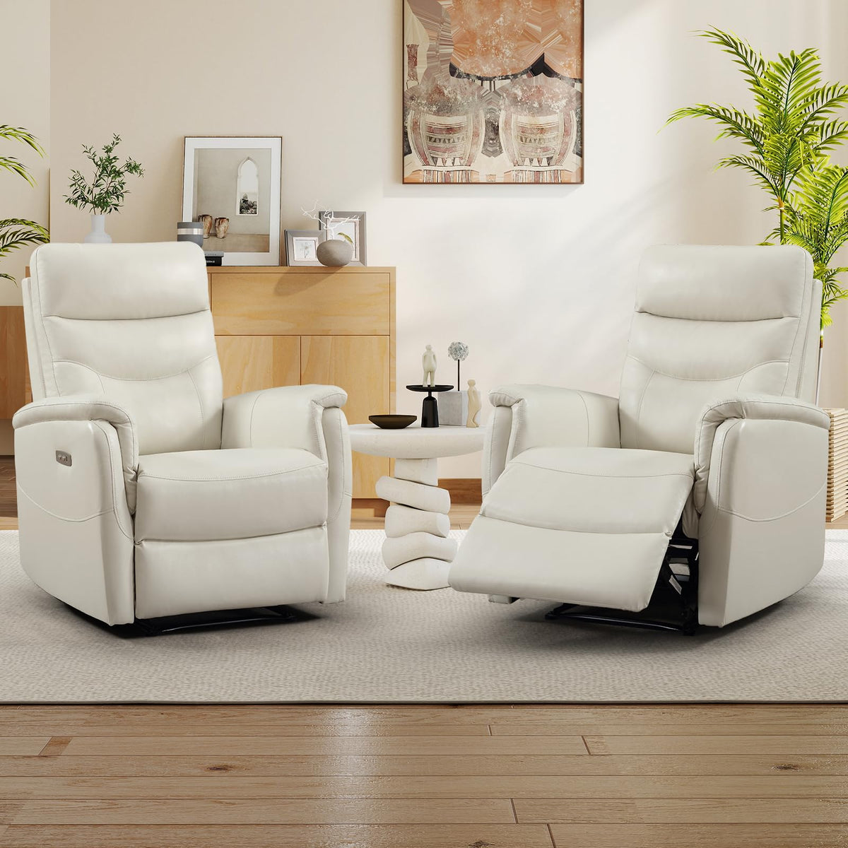 Genuine Leather Power Recliner, White, 2Pack