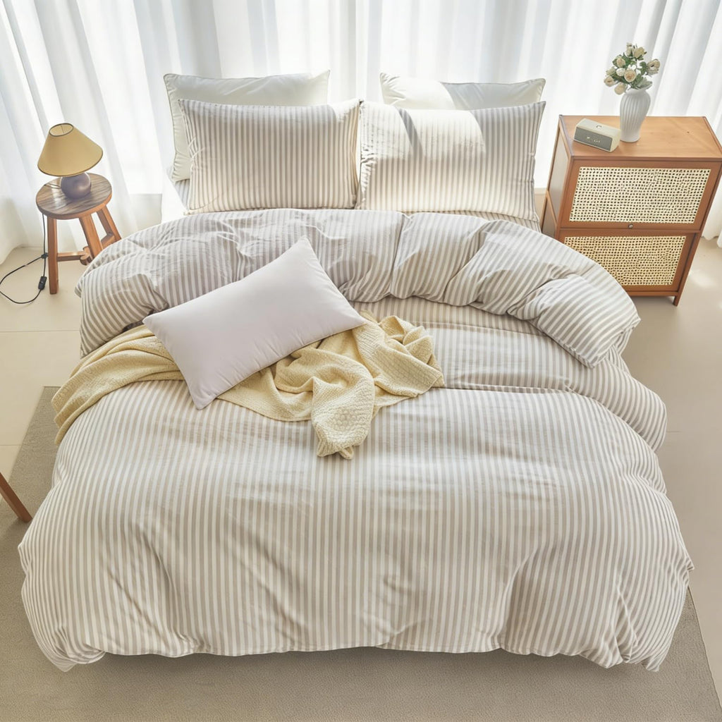 Striped Duvet Cover Set 100% Washed Cotton Linen Feel Natural Wrinkles Lightweight Comfy (, Linen Grey White