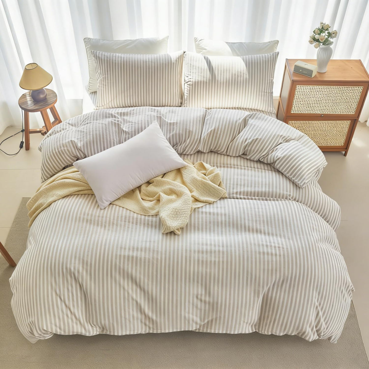 Striped Duvet Cover Set 100% Washed Cotton Linen Feel Natural Wrinkles Lightweight Comfy (, Linen Grey White
