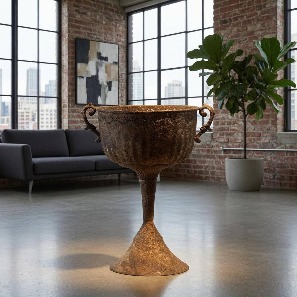 Outdoor Trophy Planter Pedestal Urn Planter Vase Pot with Weathered Texture and Deep Visual Depth Iron Body Suitable