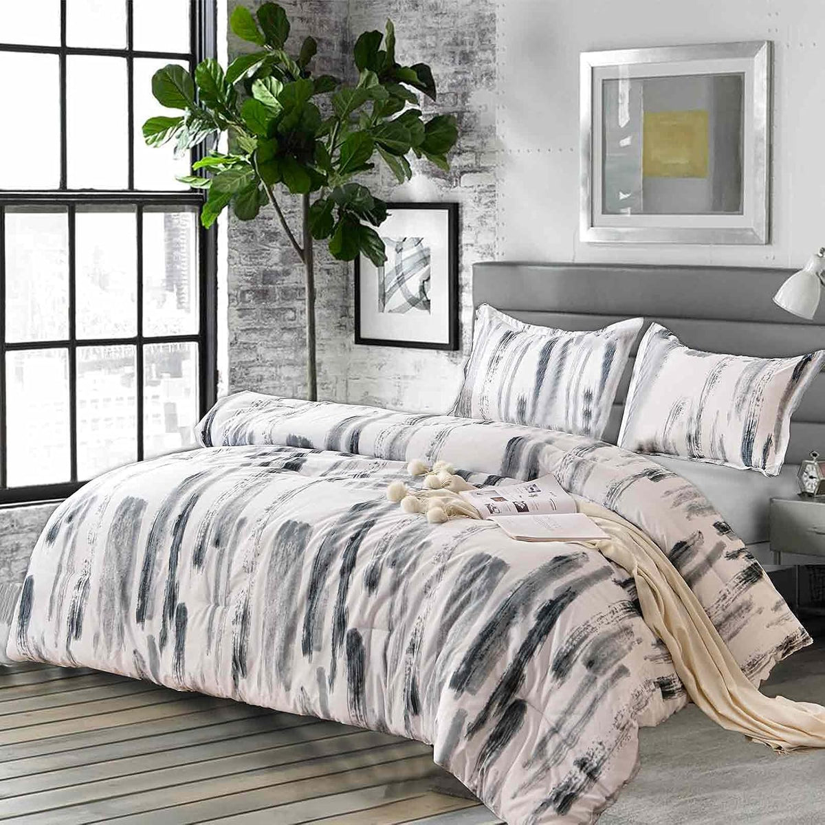 Queen Comforter Set 3pc, Art Grey White Printed Pattern Reversible Down Alternative Microfiber Bedding - All Season