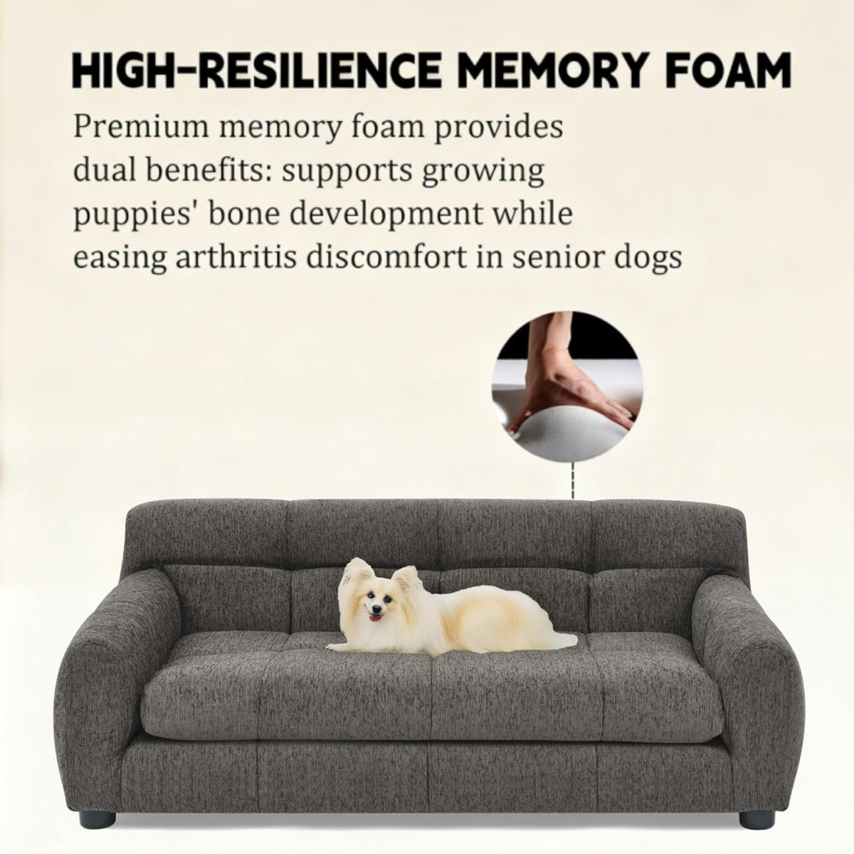 Dog Couch Bed, Memory Foam Sofa for Dogs with Backrest and Armrest, Durable Pet Sofa with Soft Cushion, Elevated