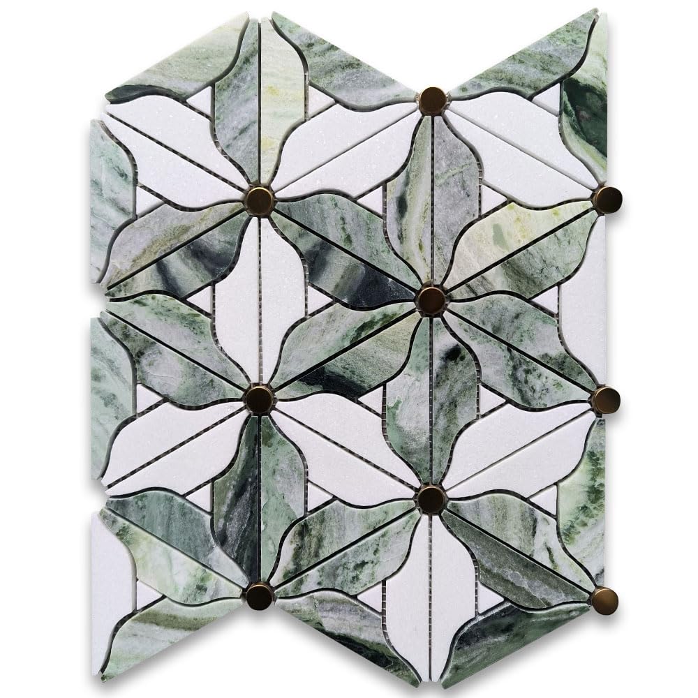 Thassos White Sagano Vibrant Green Marble Lily Bouquet Flower Leaf Mosaic Tile w/Brass Pistil Honed Kitchen Bath Wall