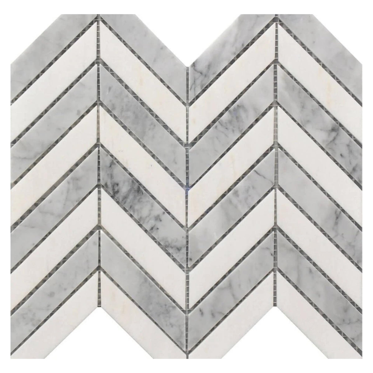 White and Grey Marble Chevron Mosaic Tile - 11x12 Inch Mesh-Mounted Sheet - Natural Marble Geometric Mosaic