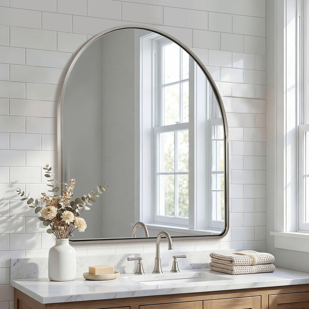 Brushed Nickel Arched Mirror, 30x30'' Arch Wall Mirror, Arch Bathroom Mirror Rustproof Metal Frame 1'' Deep Set Wall