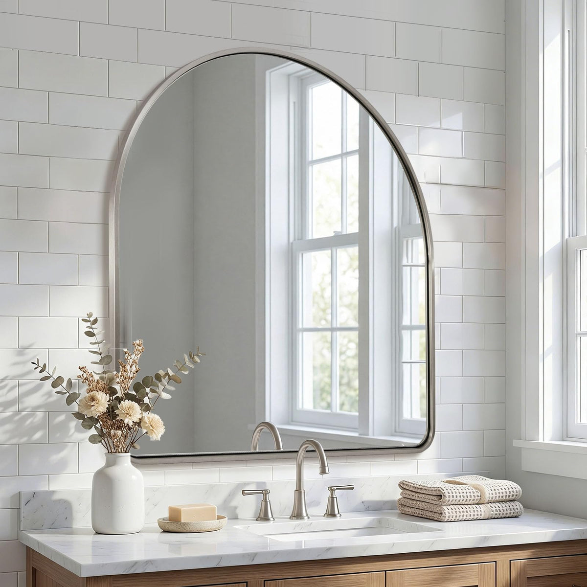 Brushed Nickel Arched Mirror, 30x30'' Arch Wall Mirror, Arch Bathroom Mirror Rustproof Metal Frame 1'' Deep Set Wall