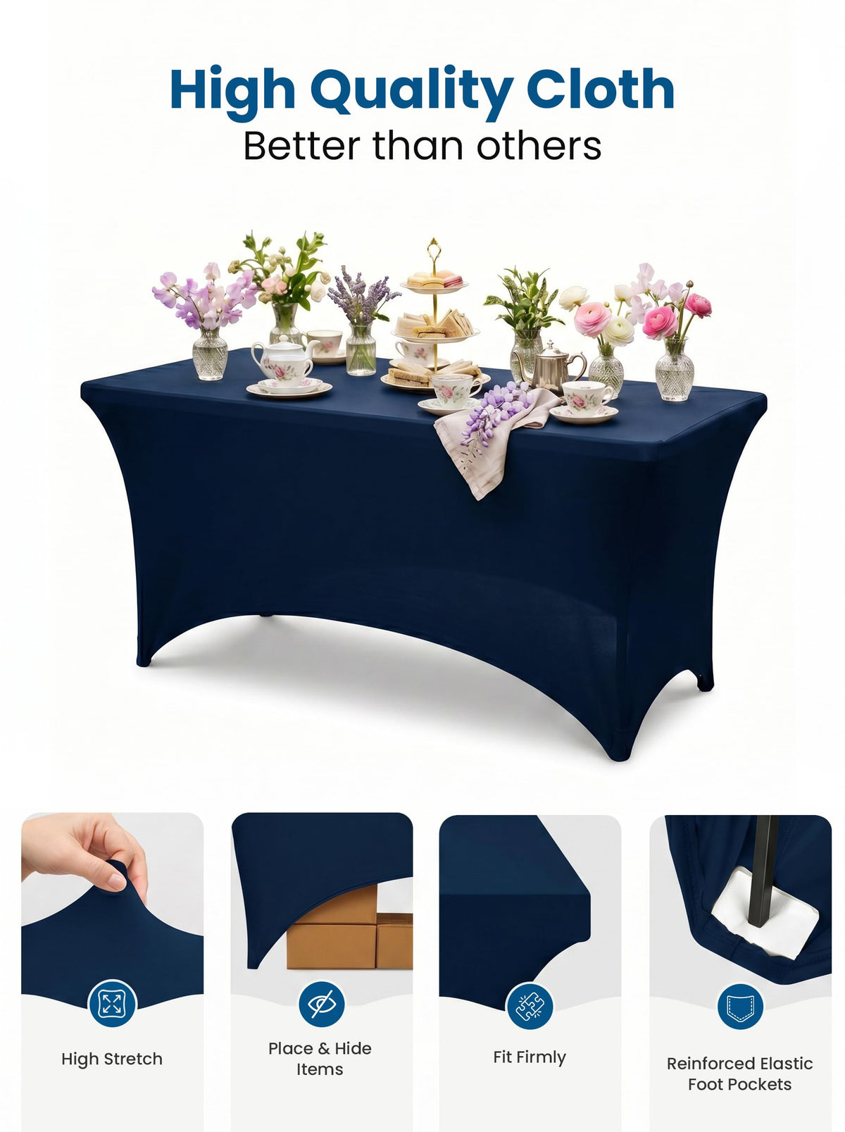 Spandex Table Cloth 2 Pack [6FT, 72Lx30Wx30H in, Navy Blue]