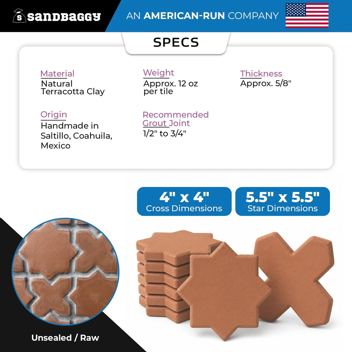 Lincoln Star & Cross Saltillo Terracotta Tile | Unsealed Handmade Mexican Tile - (20, Star & Cross Tile)