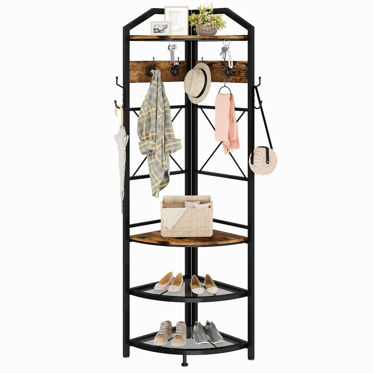Corner Coat Rack with Storage, Entryway Corner Hall Tree with Shoe Bench and 10 Metal Hooks, Farmhouse Clothes Rack