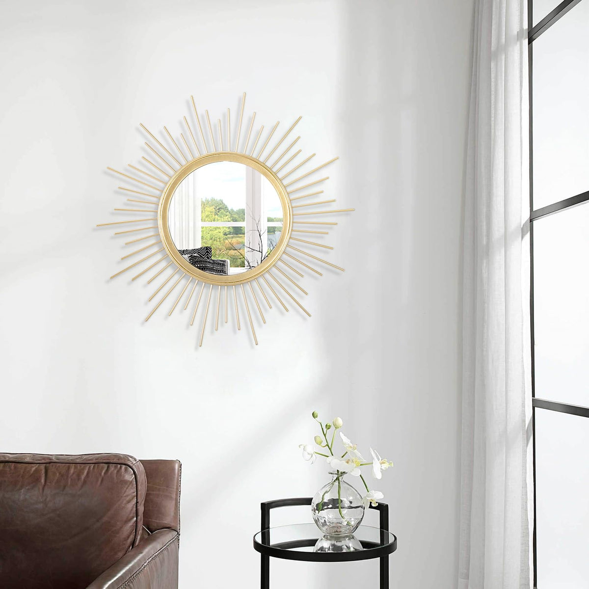 Large Gold Spoked Sunburst Wall Mirror Boho Home Decor Round Wall Art Mirror Modern Metal Mirrors for Wall Living