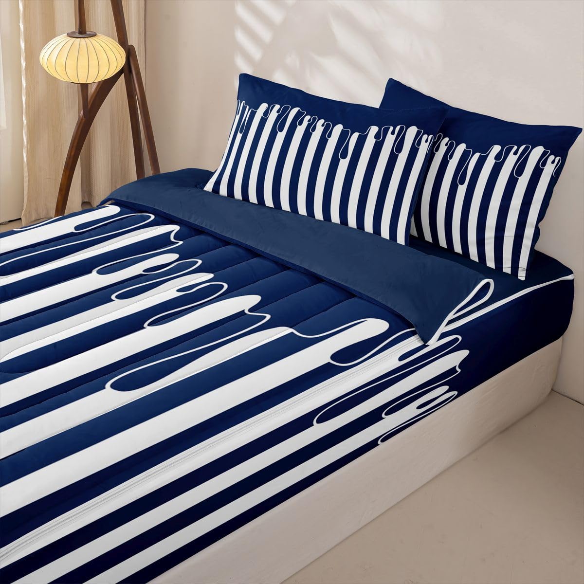 Dark Blue Striped Zipper Bedding Stripe Drip Zip Up Bedding Set for Adults Couples, Neutral Modern Abstract