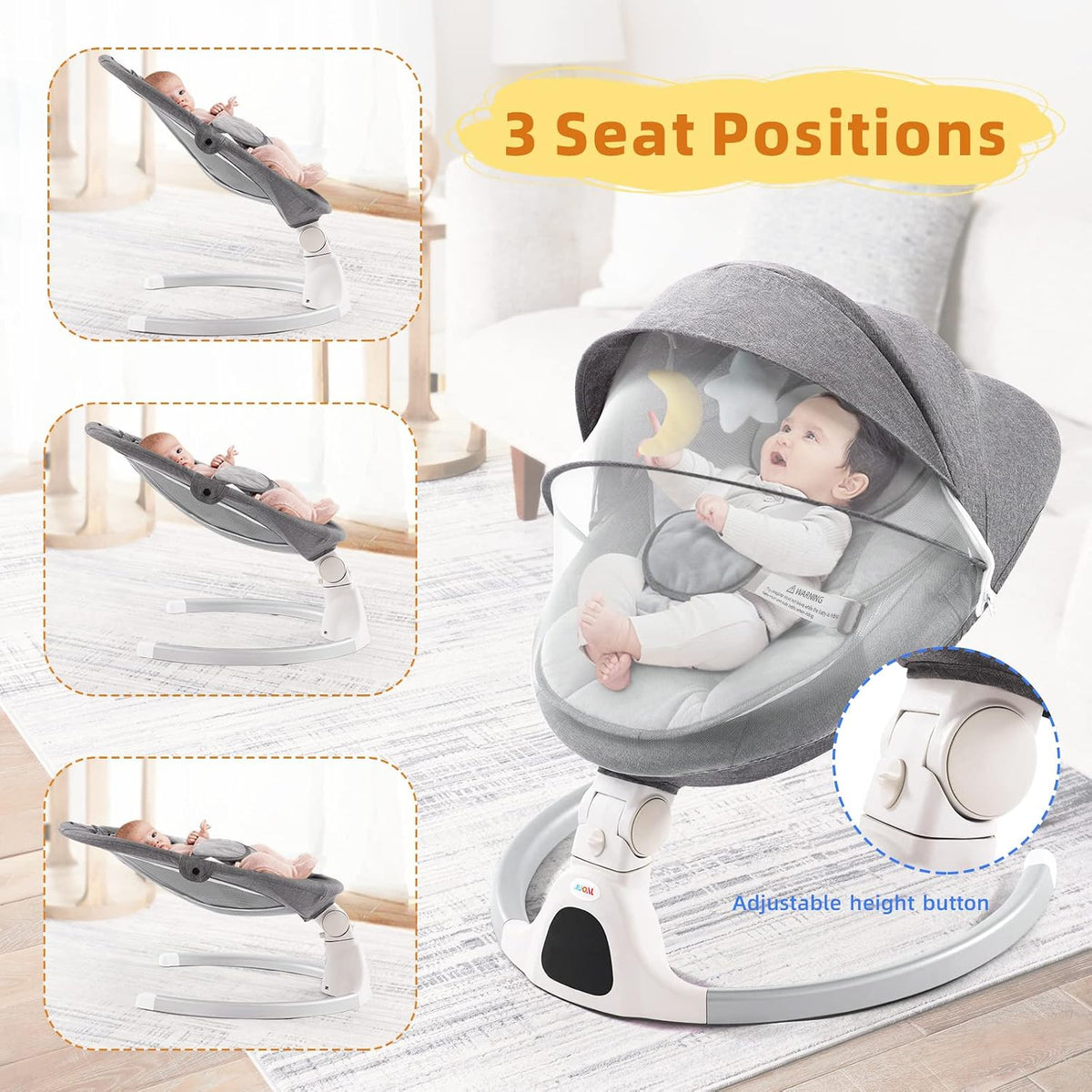 Baby Swing for Infants - Electric Portable Newborn Bouncer, Timing Function, 5 Speeds, 3 Seat Positions for Boys
