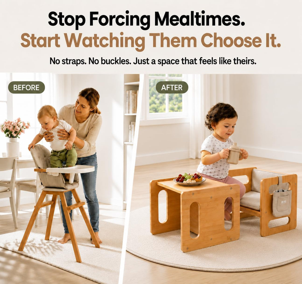 Weaning Table & Chair Set - Kids Desk & Activity Table with Flip Chair, Removable Cushion, Hanging Pouch & Toy