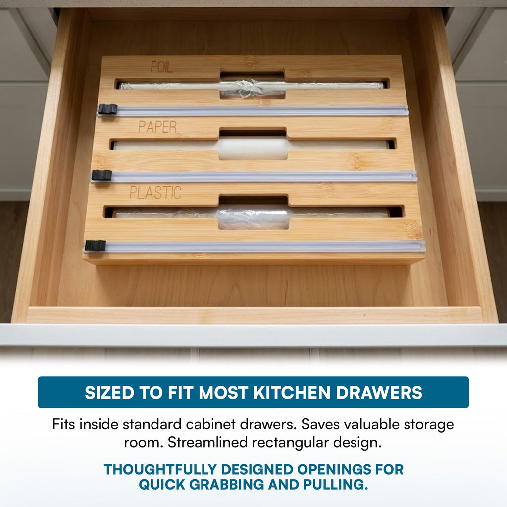 Bamboo Wrap Organizer with Safety Cutter - 3-in-1 Drawer Holder for Aluminum Foil, Wax & Parchment Paper, and Plastic