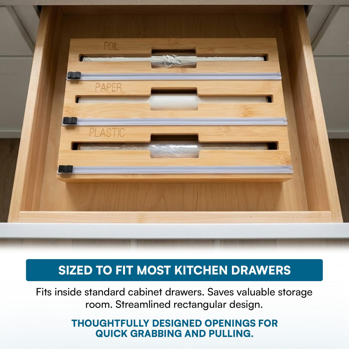 Bamboo Wrap Organizer with Safety Cutter - 3-in-1 Drawer Holder for Aluminum Foil, Wax & Parchment Paper, and Plastic