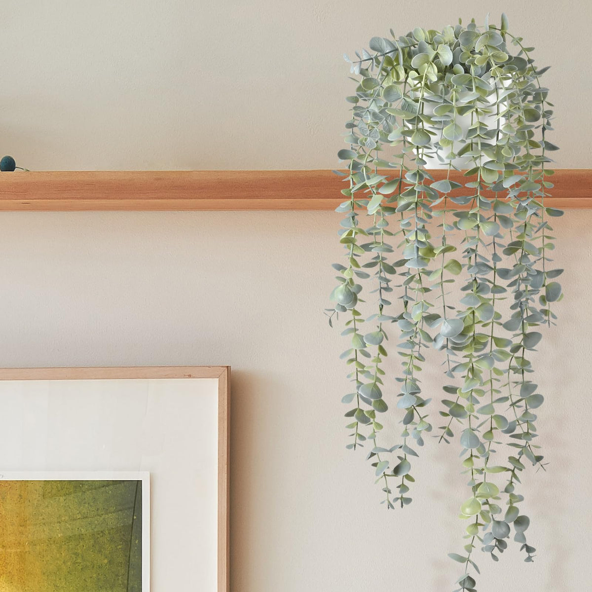 Decorative Hanging Plants for Shelf, Faux Ivy Eucalyptus Vine, Fake Greenery in White Pot with Lanyard (Full, Large