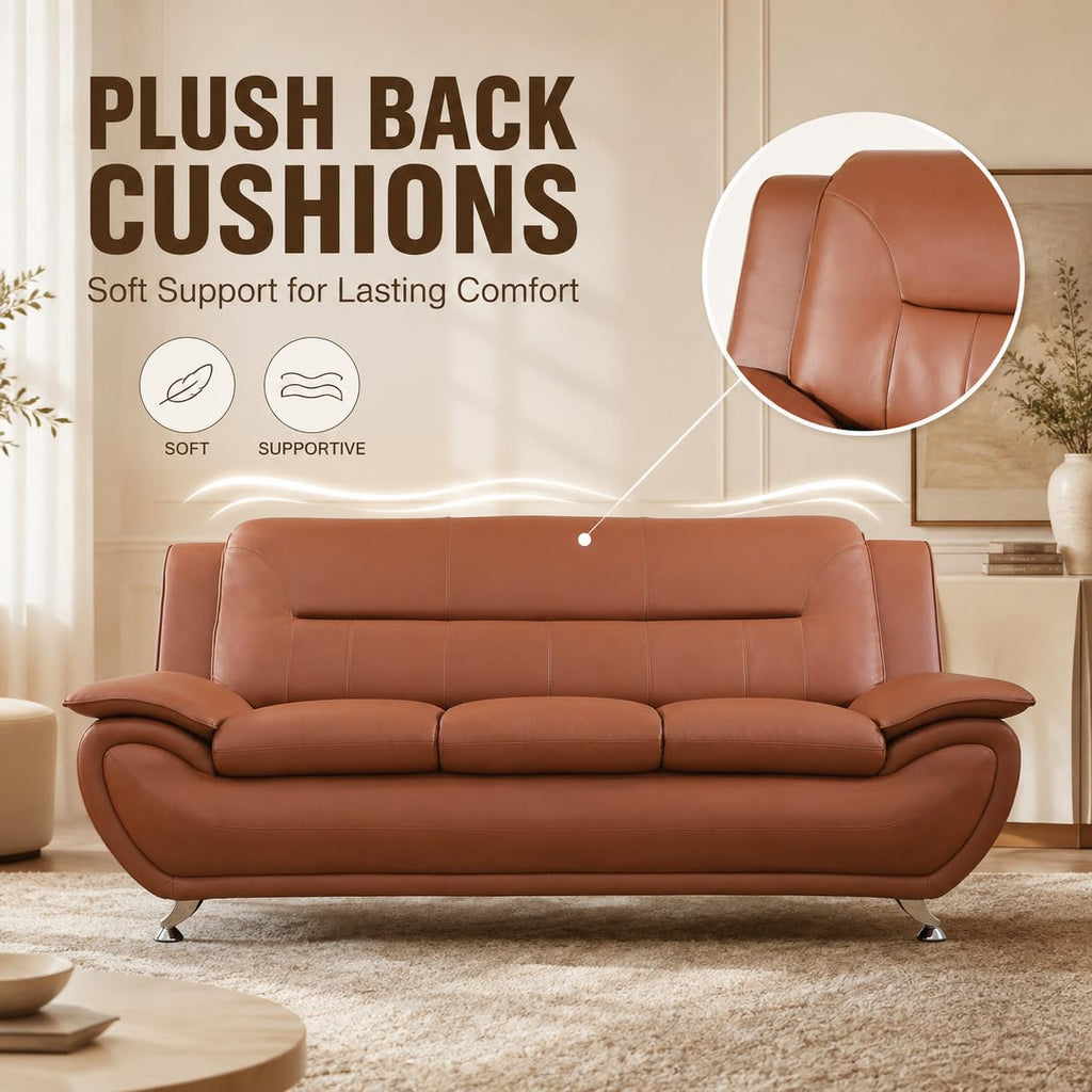 3-Piece Faux Leather Couches with Metal Feet & Padded Armrests Easy Clean