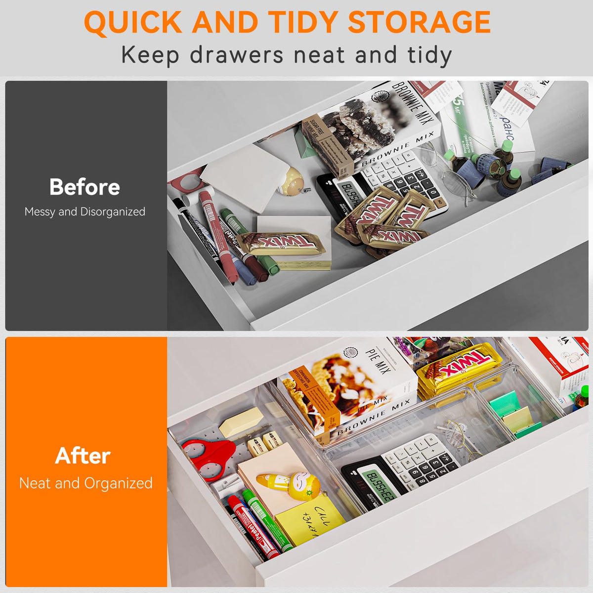 16 Pack Large Clear Plastic Drawer Organizer Bins - 5 Size Acrylic Bathroom and Vanity Organizers and Storage Trays