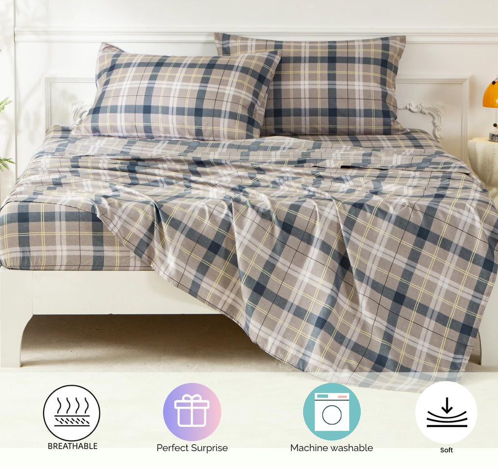 7PCS Gingham Comforter and Sheet Set, Plaid Bedding Set with for Man Woman Adult, Super Soft Microfiber Bedding