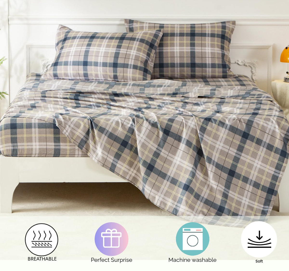 7PCS Gingham Comforter and Sheet Set, Plaid Bedding Set with for Man Woman Adult, Super Soft Microfiber Bedding