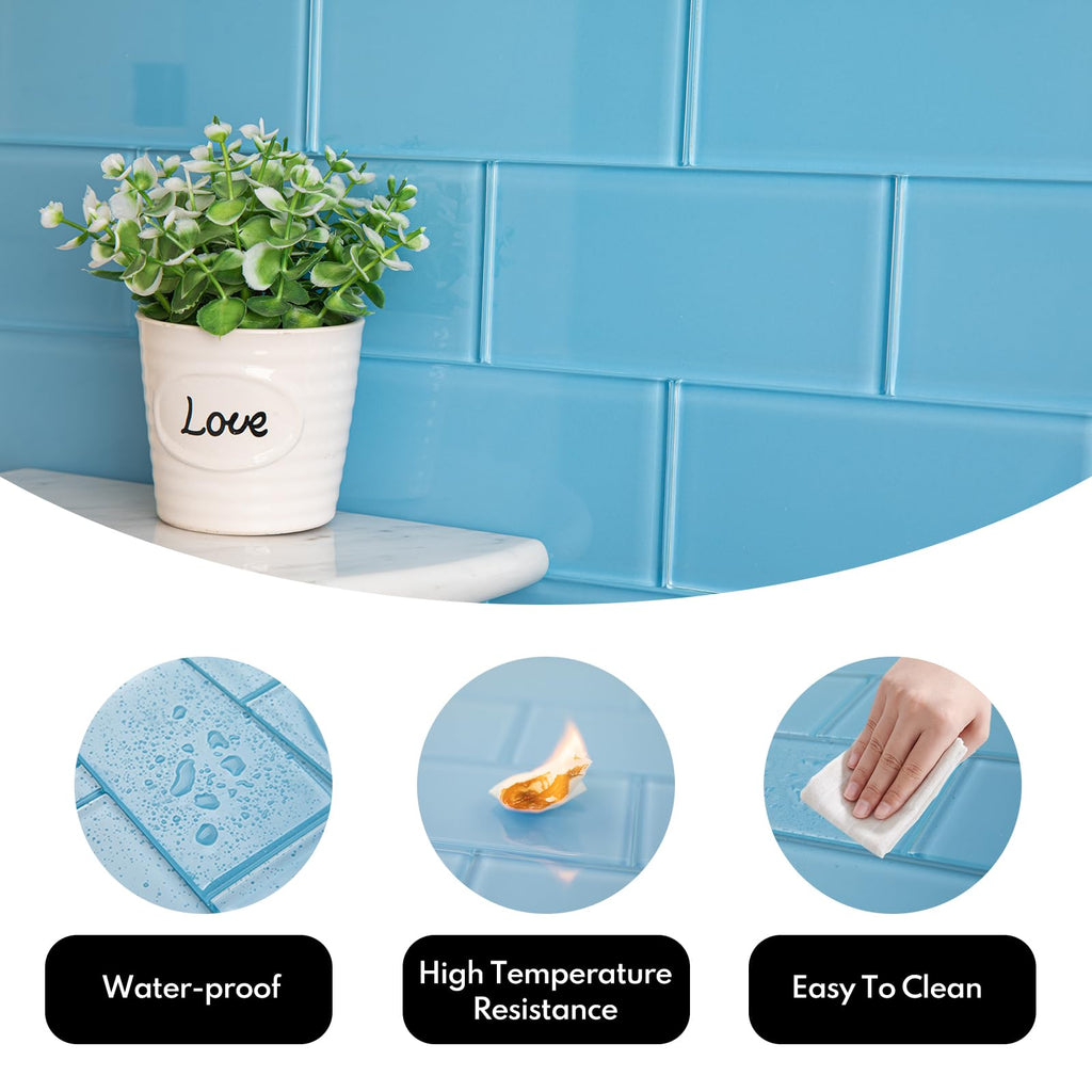 Blue Glass Subway Tile, Glass Kitchen Shower Backsplash Wall, 3 x 6 Inches, 4 Sq.Ft.