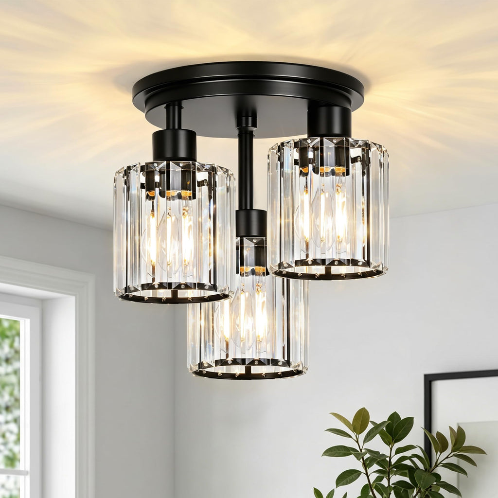 Crystal Semi Flush Mount Ceiling Light, 3-Light Modern Close to Ceiling Light Fixtures, Black Kitchen Light Fixture