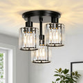 Crystal Semi Flush Mount Ceiling Light, 3-Light Modern Close to Ceiling Light Fixtures, Black Kitchen Light Fixture