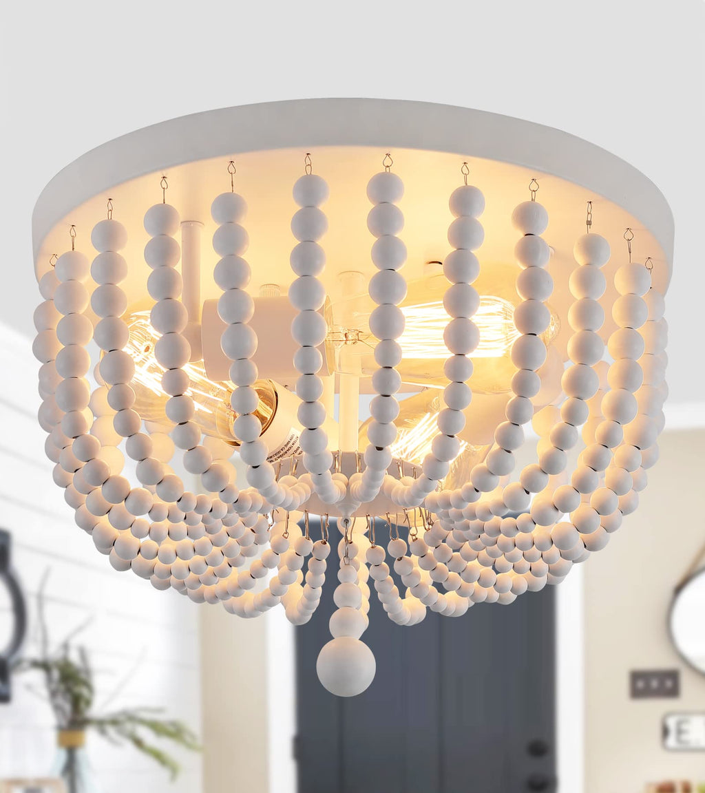 White Boho Beaded Chandeliers Flush Mount Ceiling Light, 3-Lights Small Chandelier Light Fixture, Stairway Gazebo