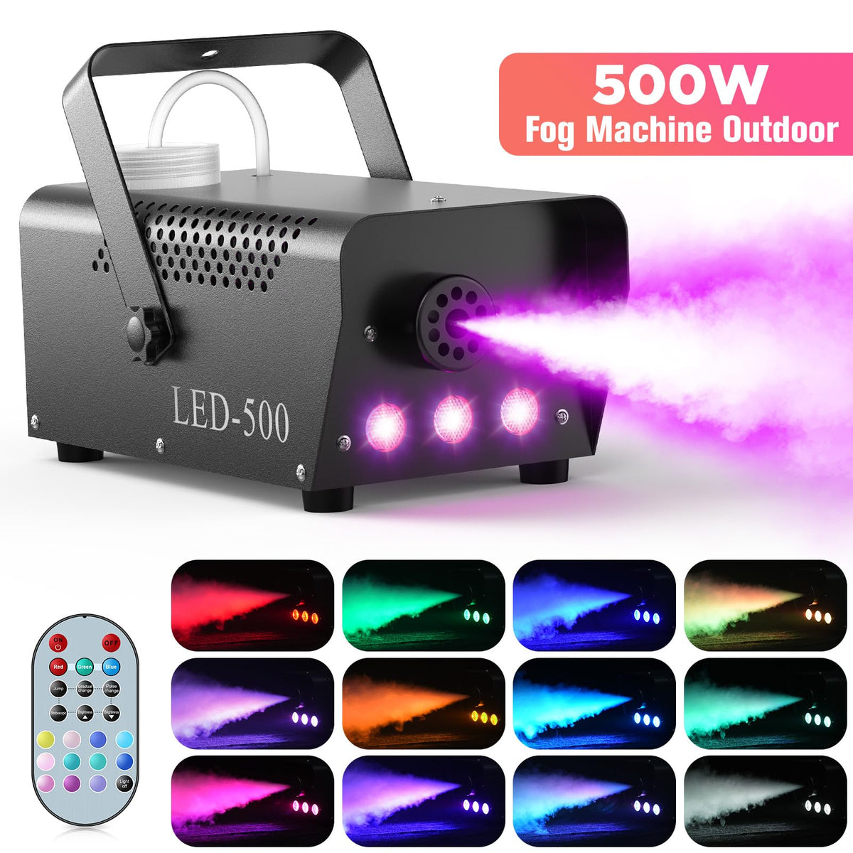 Fog Machine with Lights, Smoke Machine Halloween 500W 14 Colorful LED Lights Effect, Wireless Remote Control, for DJ