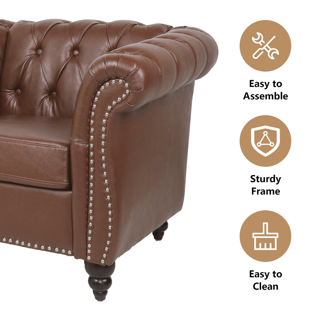 2 Piece Living Room Sofa Set, 3 Seater Faux Leather Sofa Couch and Chair Set, Mid Century Modern Upholstered Couch