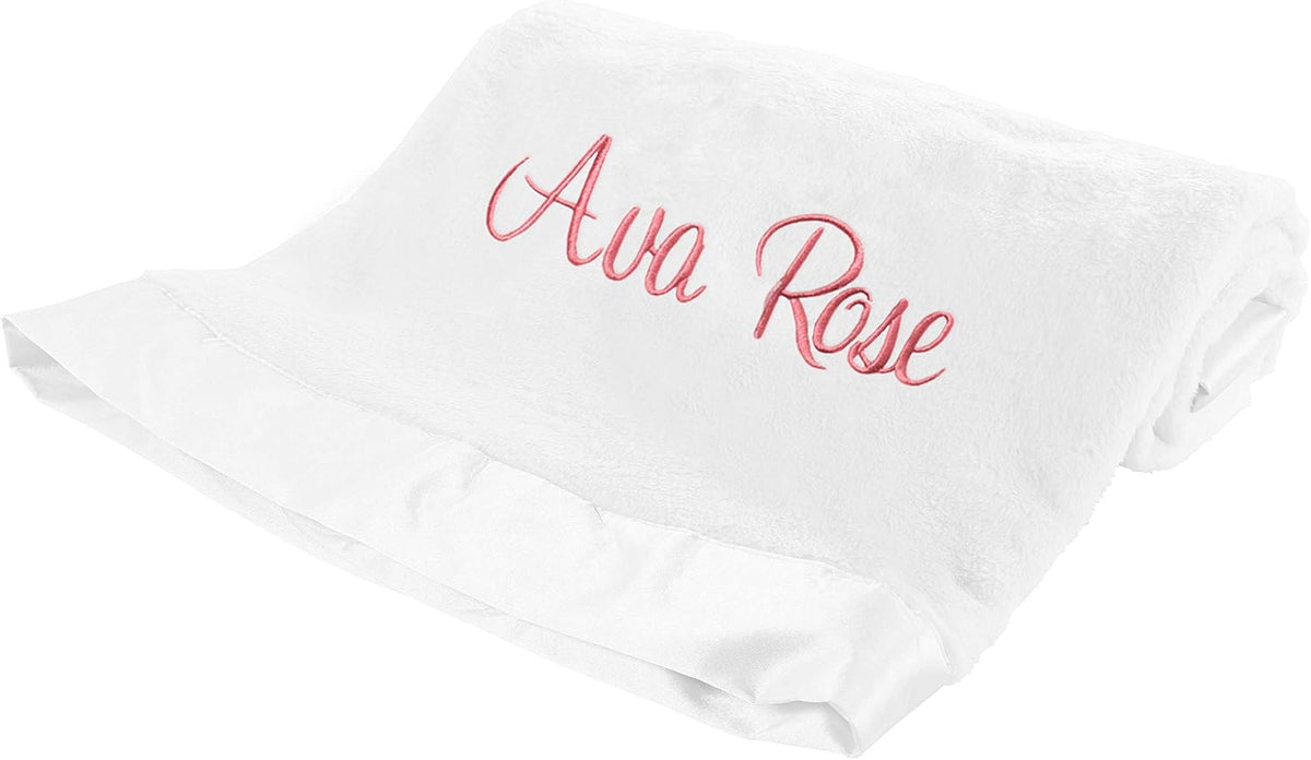 Large Custom Personalized Baby Blanket, Custom Name Blanket, Pink, Plush Minky Fleece with Satin Trim Keepsake