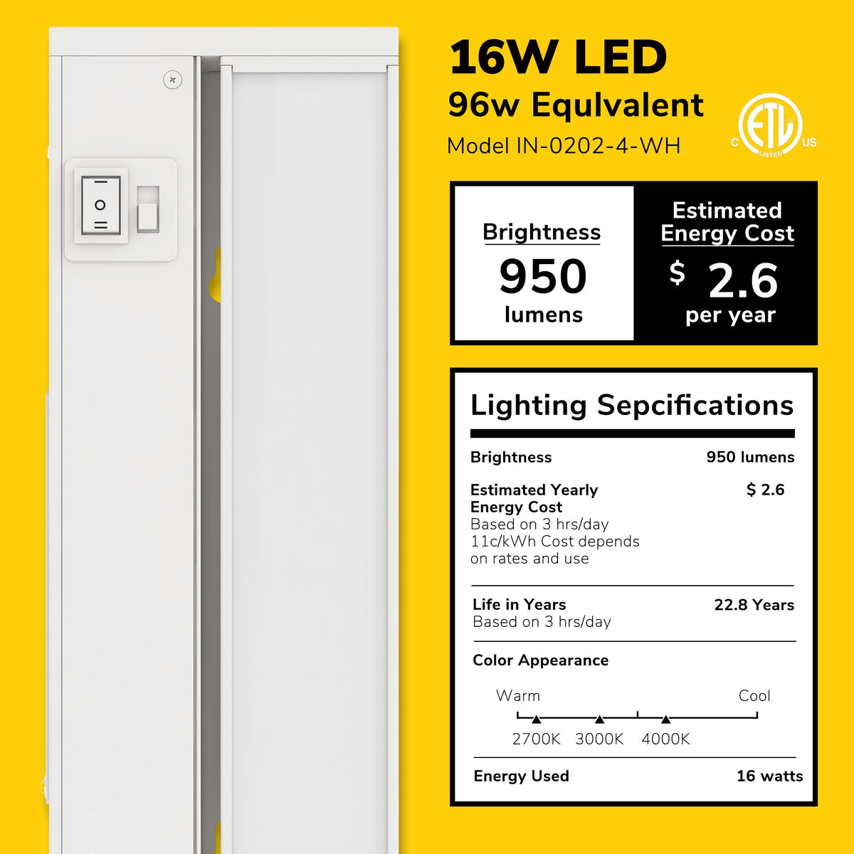 Swivel LED Under Cabinet Light, 3-CCT Selectable, White