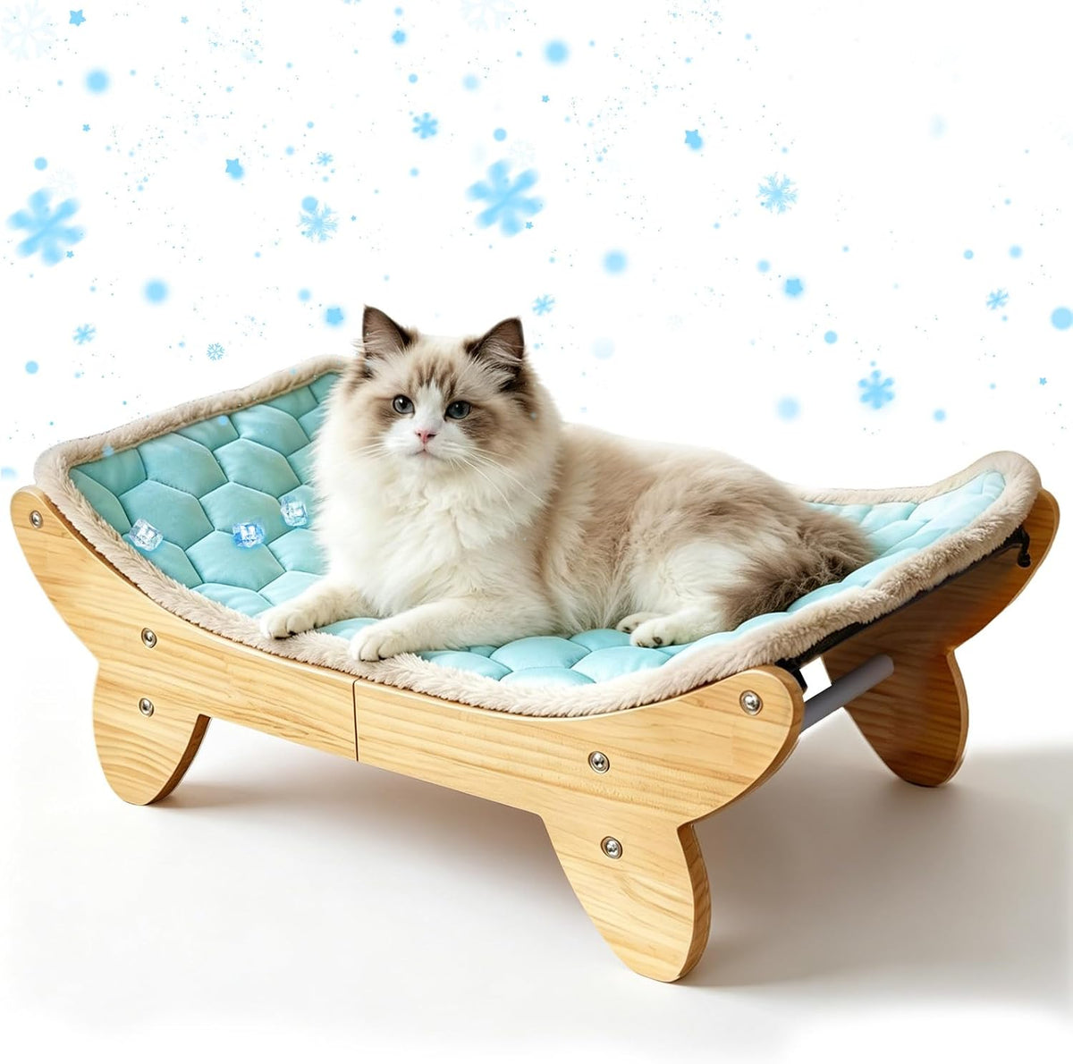 Elevated Cat Bed, Wooden Raised Cat Bed with Ice Cooling Mat