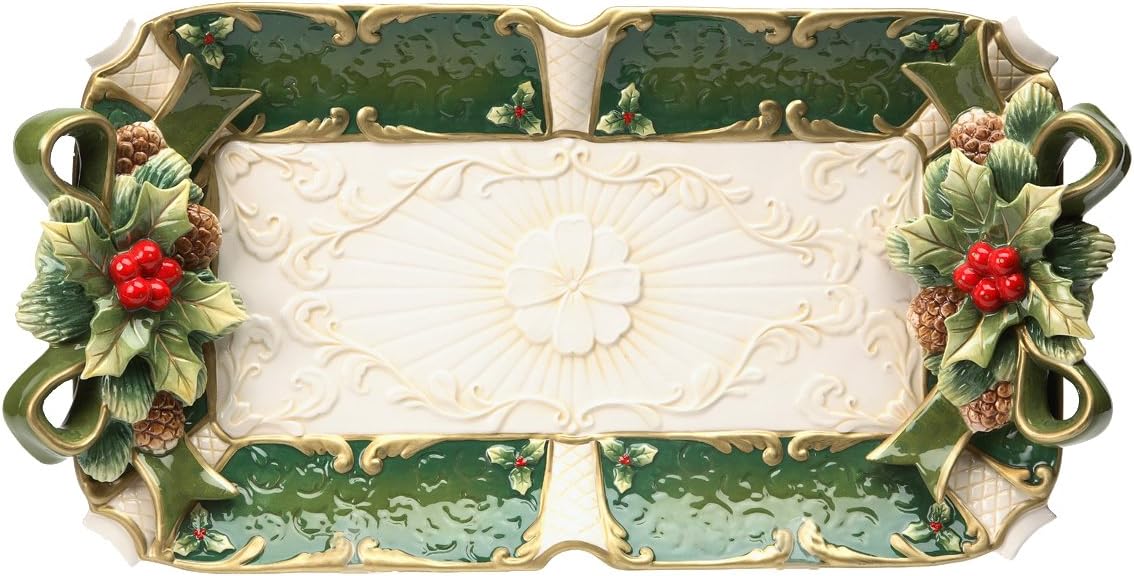 Fine Ceramic Hand Painted Christmas Holidays Green Holly Red Berry Rectangular Serving Platter Tray, 19 3/4 L ...