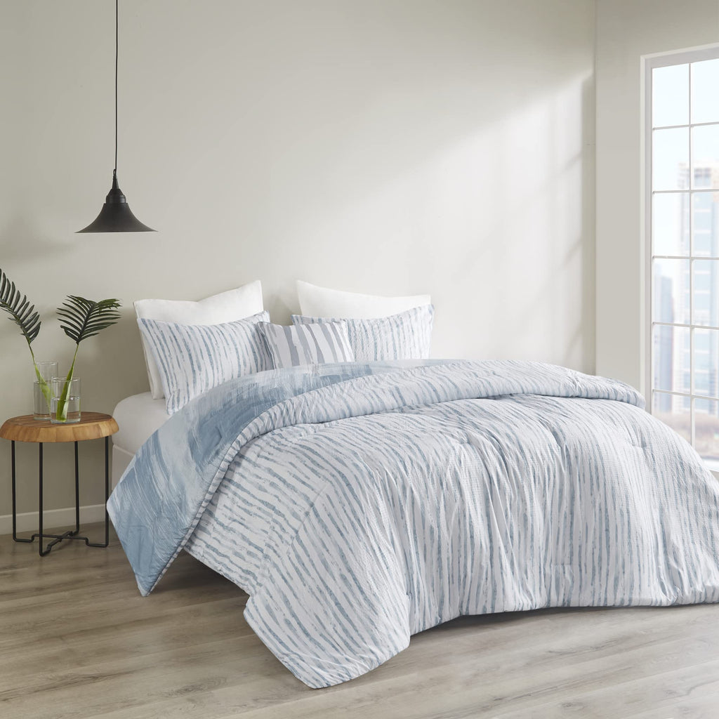 Brush Stroke Reversible Comforter Set - Abstract Styling, Embossed Seersucker Design, Cozy Oversized & Overfilled