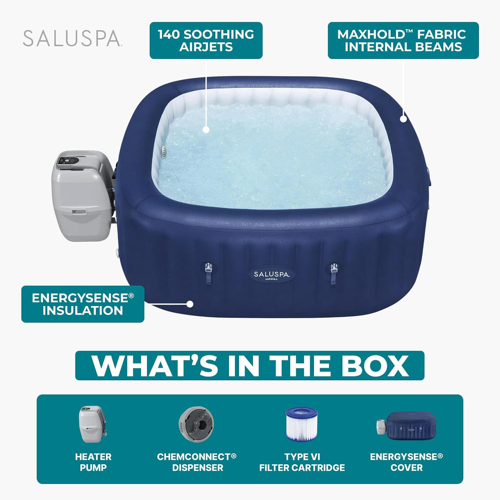 SaluSpa Hawaii 4 to 6 Person Inflatable Hot Tub, Square Energy-Efficient Portable Outdoor Spa with 140 AirJets, 71" x