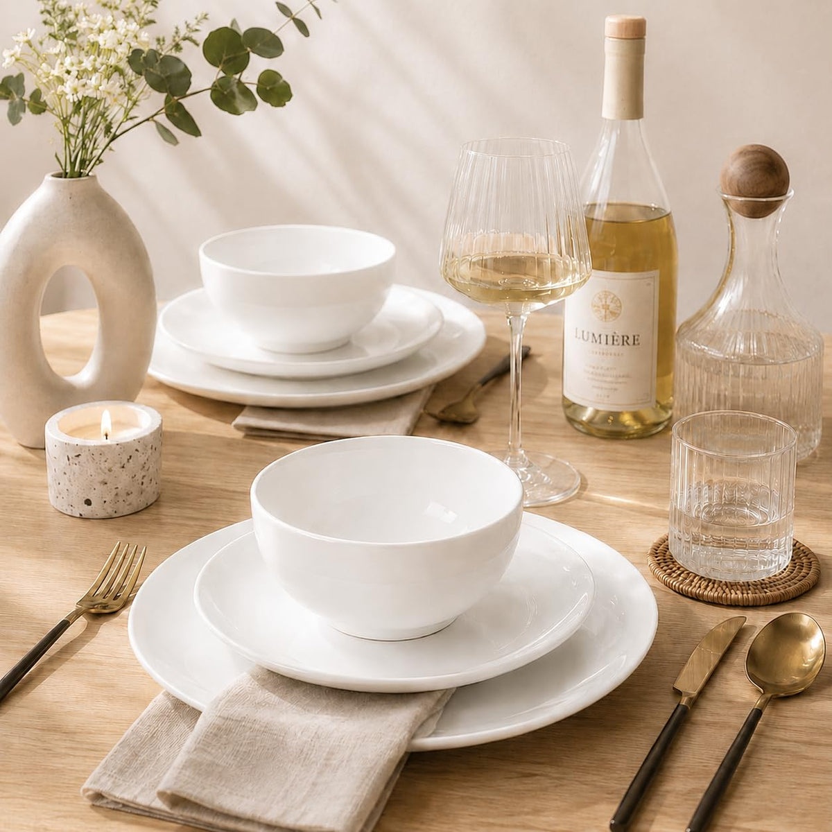Plates and Bowls Set, 12 Piece Porcelain Dinnerware Set for 4, White Dishes Set for Everyday Dining, Dishwasher